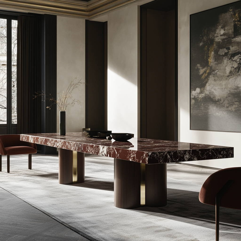 Custom marble dining table in a sculpted living space