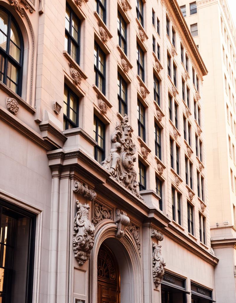 Ornate pre-war New York limestone facade in warm afternoon light